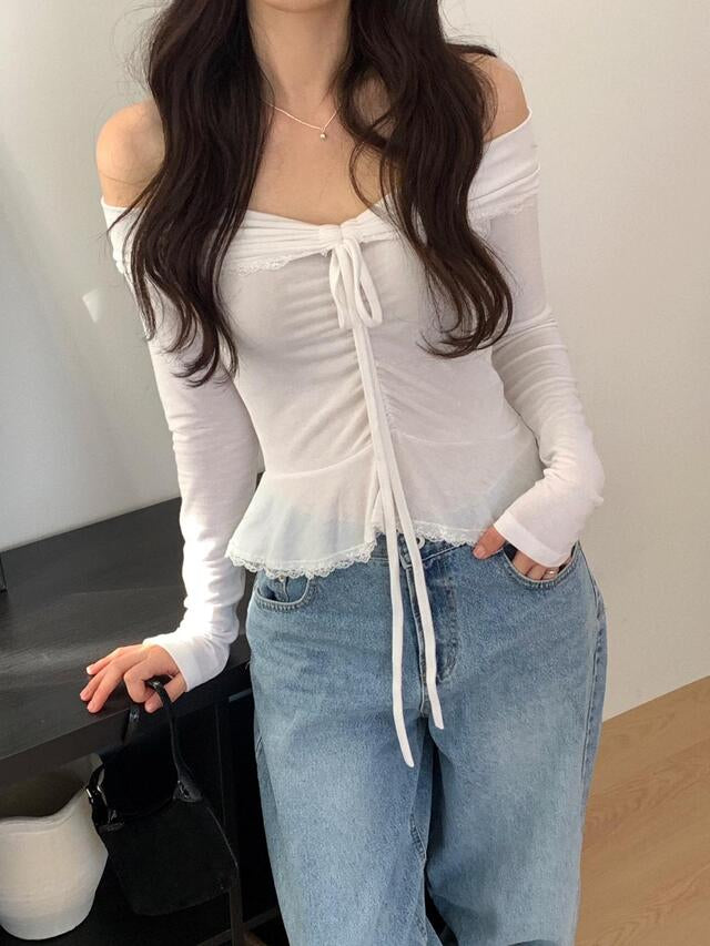 Off Shoulder Folded Lace Ribbon Top