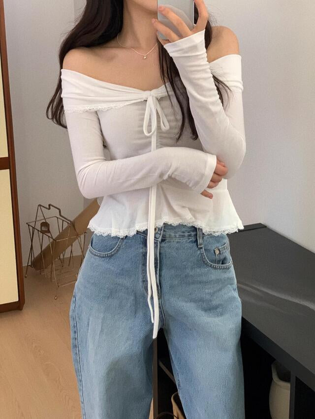 Off Shoulder Folded Lace Ribbon Top