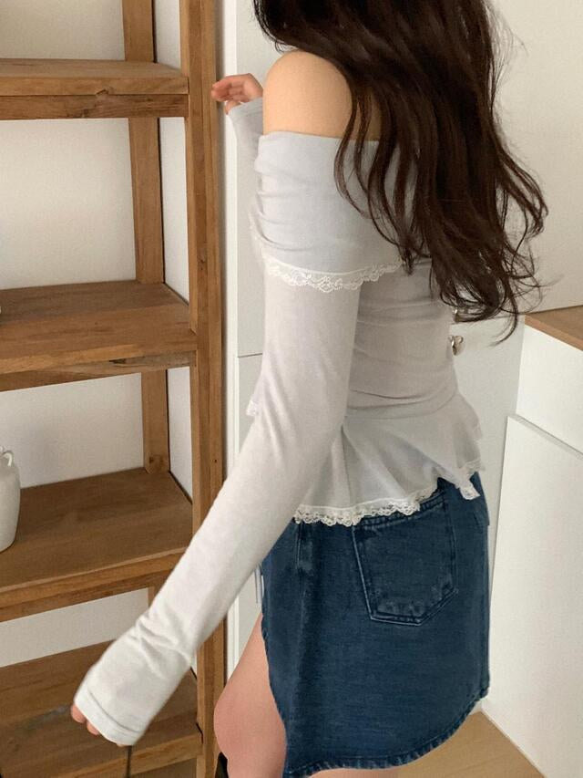 Off Shoulder Folded Lace Ribbon Top