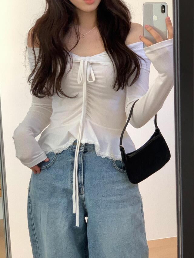 Off Shoulder Folded Lace Ribbon Top
