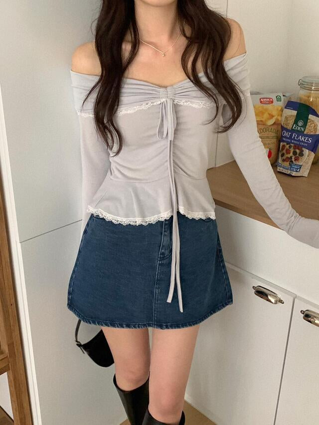 Off Shoulder Folded Lace Ribbon Top