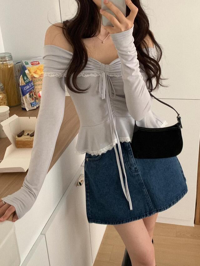 Off Shoulder Folded Lace Ribbon Top