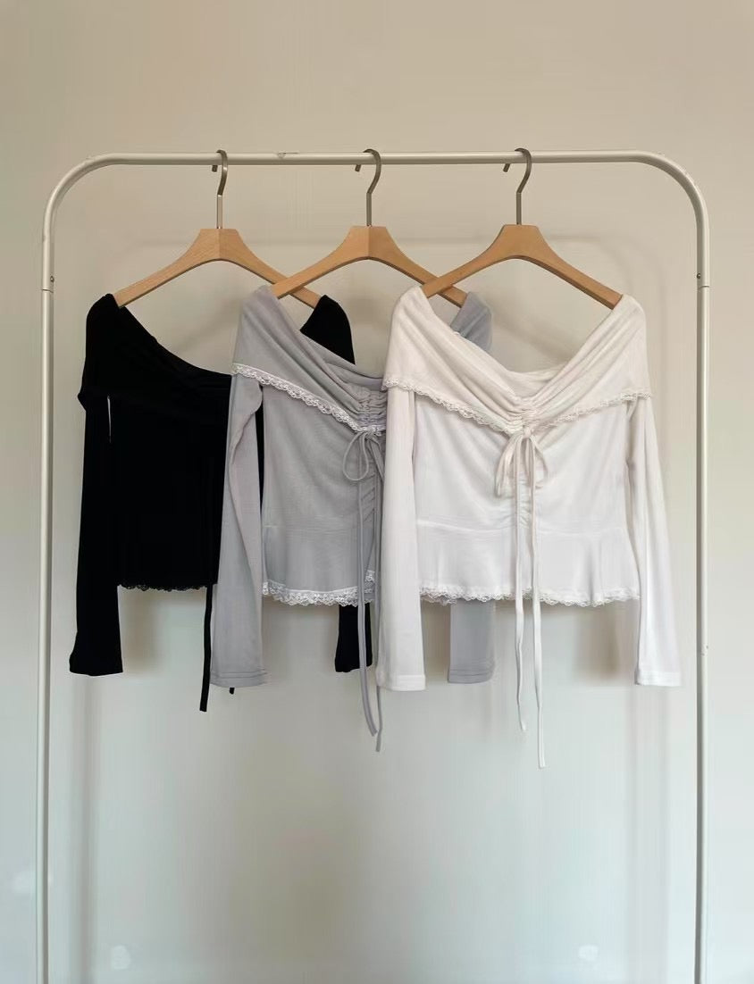 Off Shoulder Folded Lace Ribbon Top
