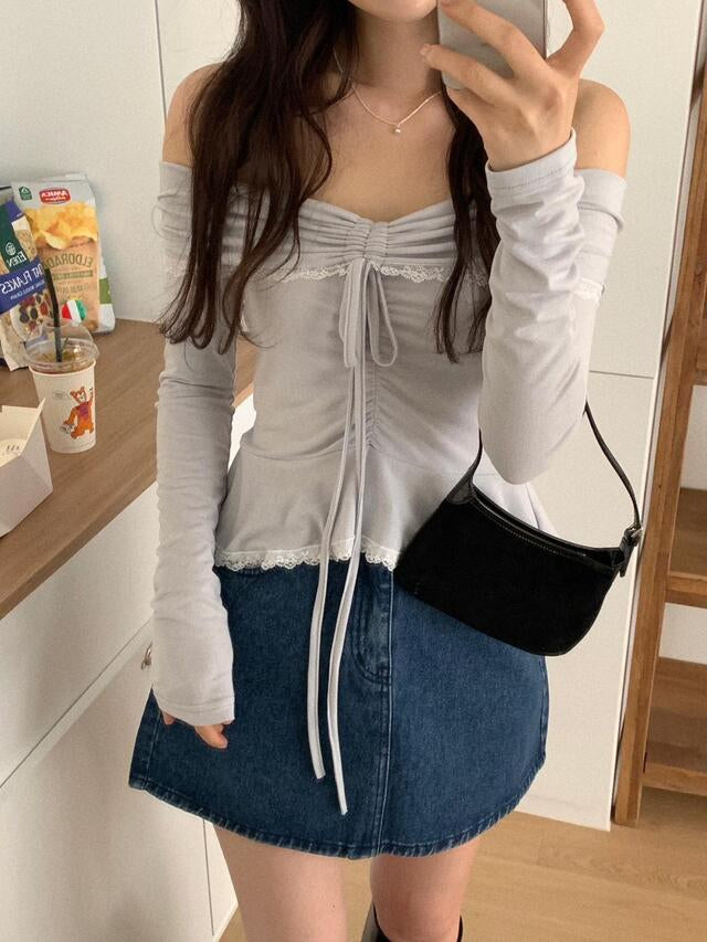 Off Shoulder Folded Lace Ribbon Top