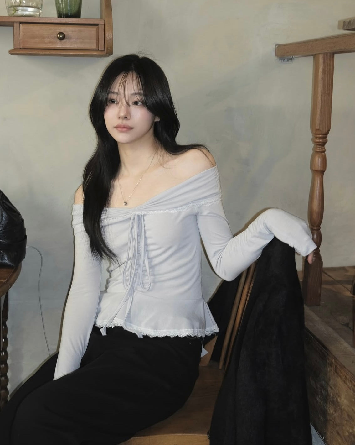 Off Shoulder Folded Lace Ribbon Top