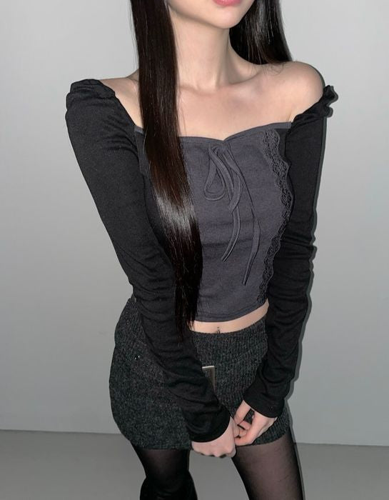 Off Shoulder Lace Ribbon Top