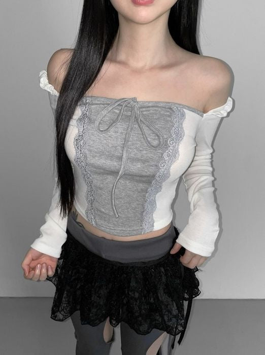 Off Shoulder Lace Ribbon Top