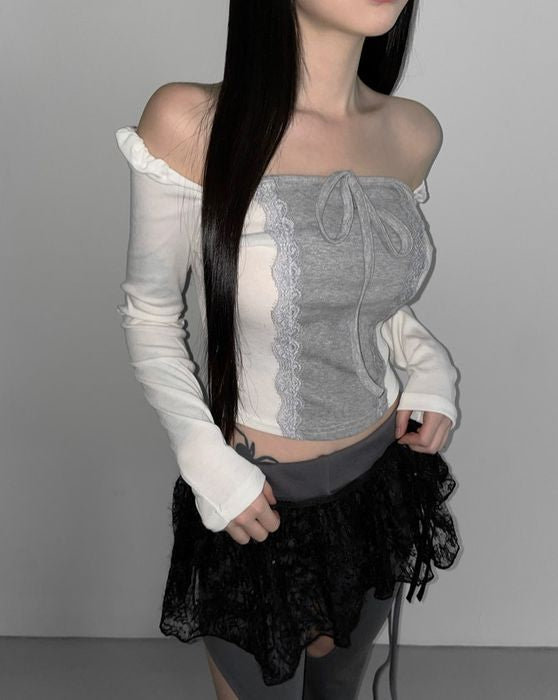 Off Shoulder Lace Ribbon Top