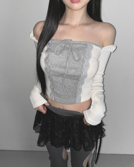 Off Shoulder Lace Ribbon Top