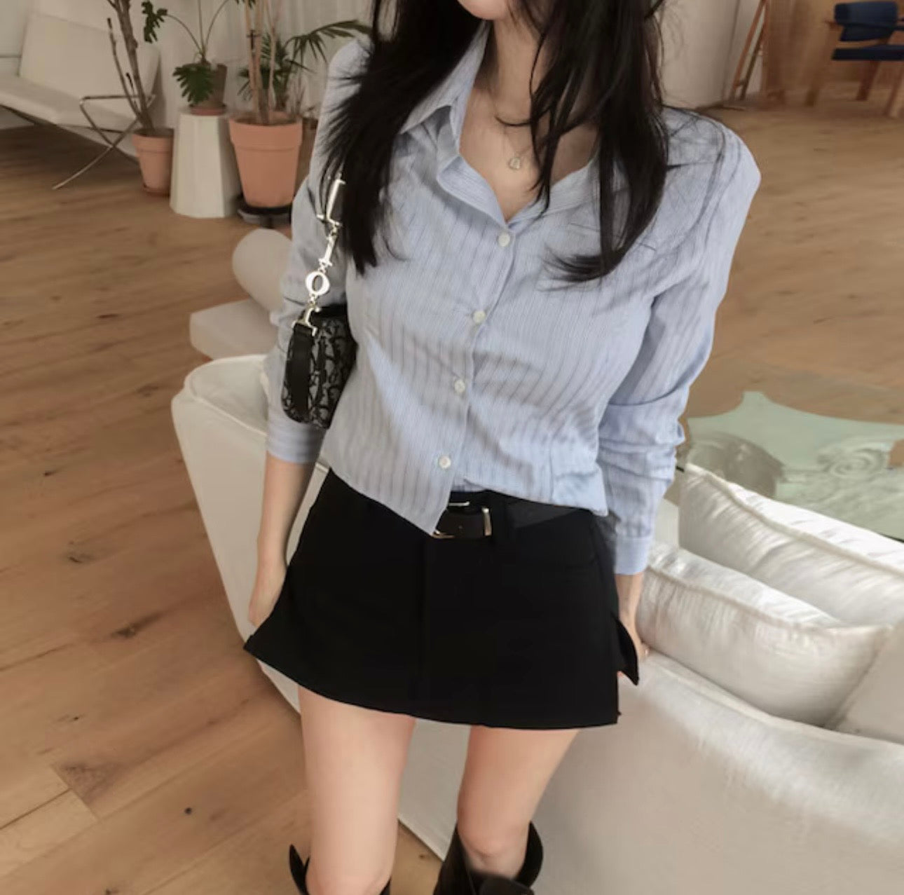 男友系韓版修身條紋襯衫