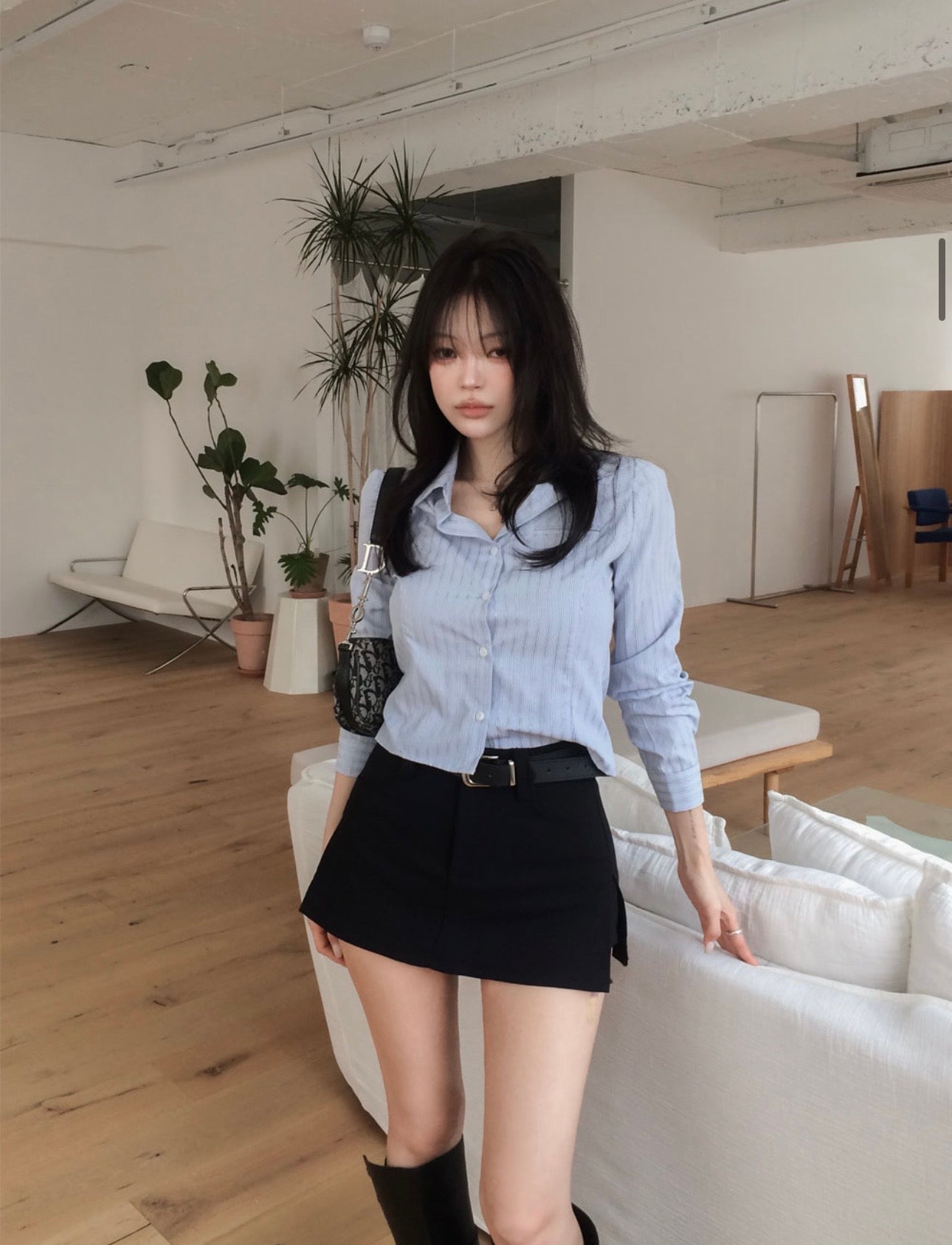 男友系韓版修身條紋襯衫
