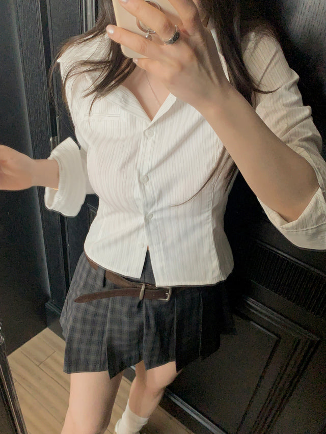 男友系韓版修身條紋襯衫