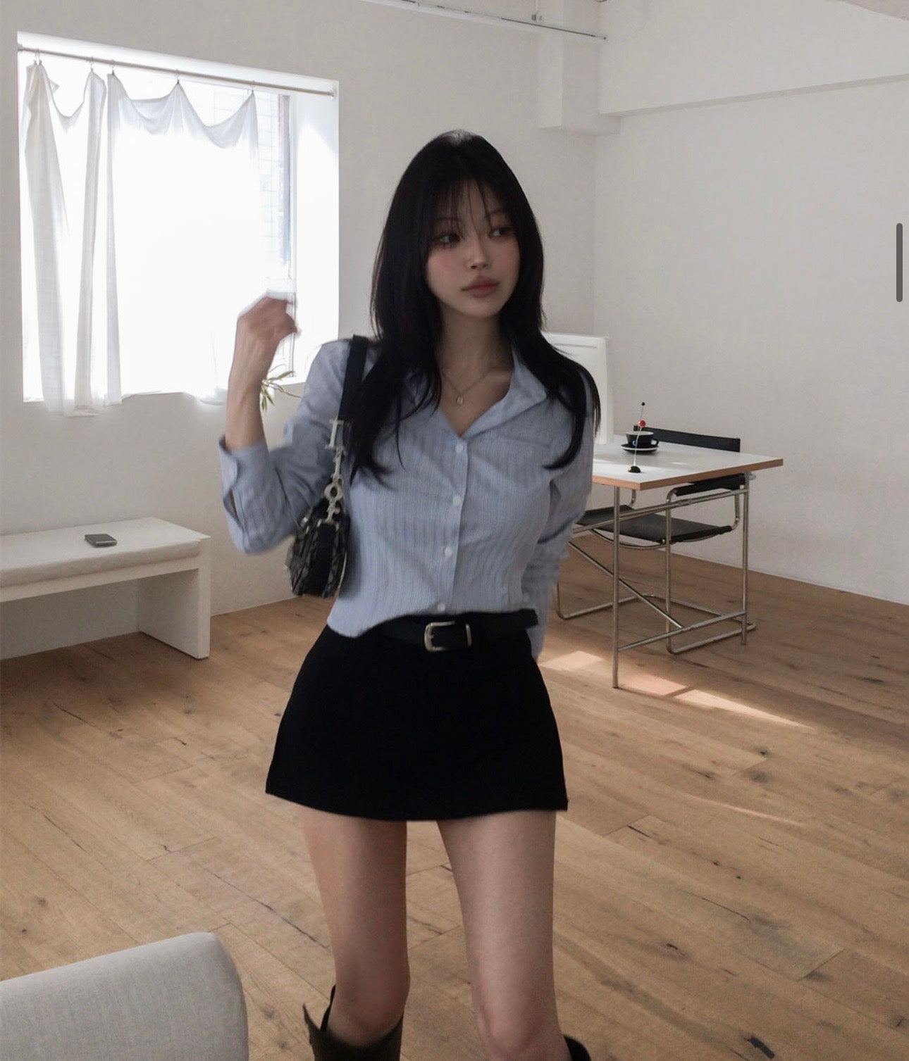 男友系韓版修身條紋襯衫