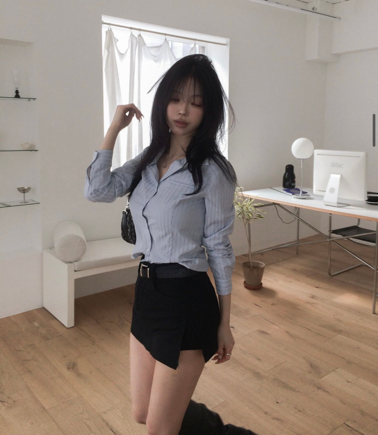 男友系韓版修身條紋襯衫